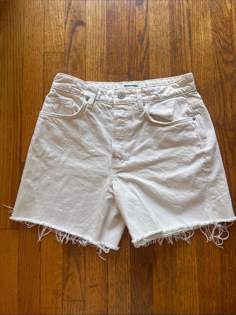 Reformation White Raw-Hem High-Rise Denim Shorts